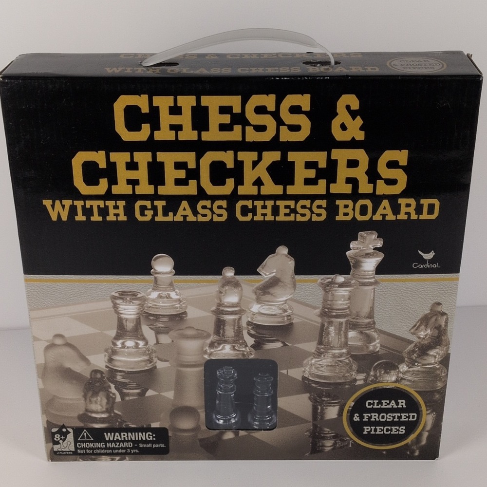 NEW Cardinal Games Chess & Checkers Set 9.75" Glass Board Clear & Frosted Pieces
